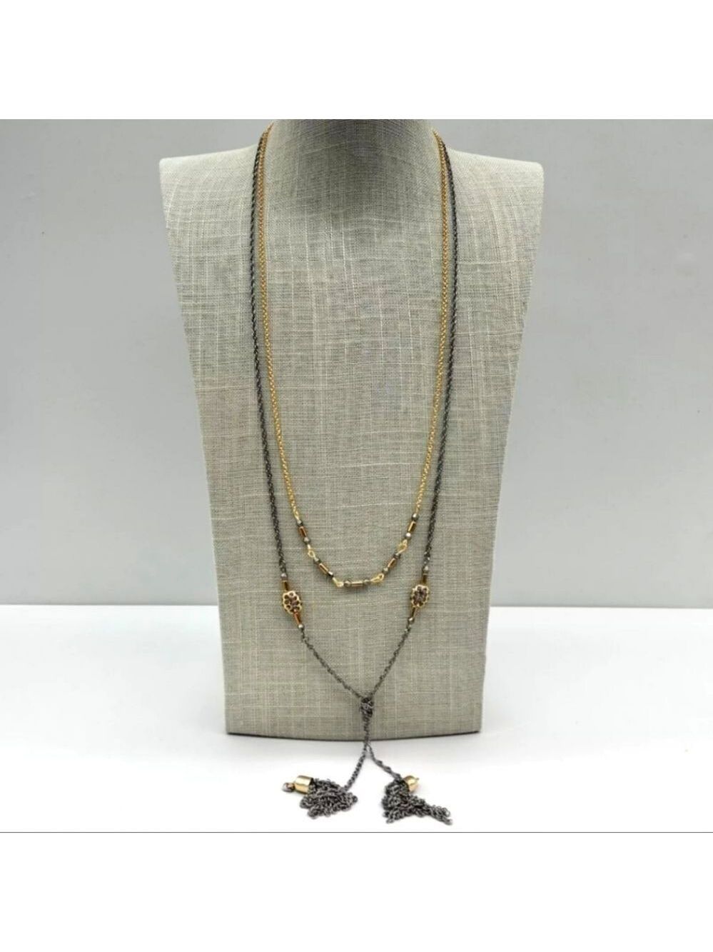 Express Necklace Modern Black Gunmetal Gold Tone Chains Tassel Pendants 26 Inch